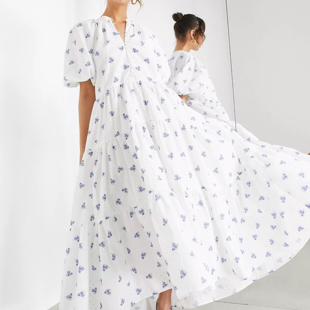 ASOS EDITION Puff Sleeve Midi Dress Blue Floral